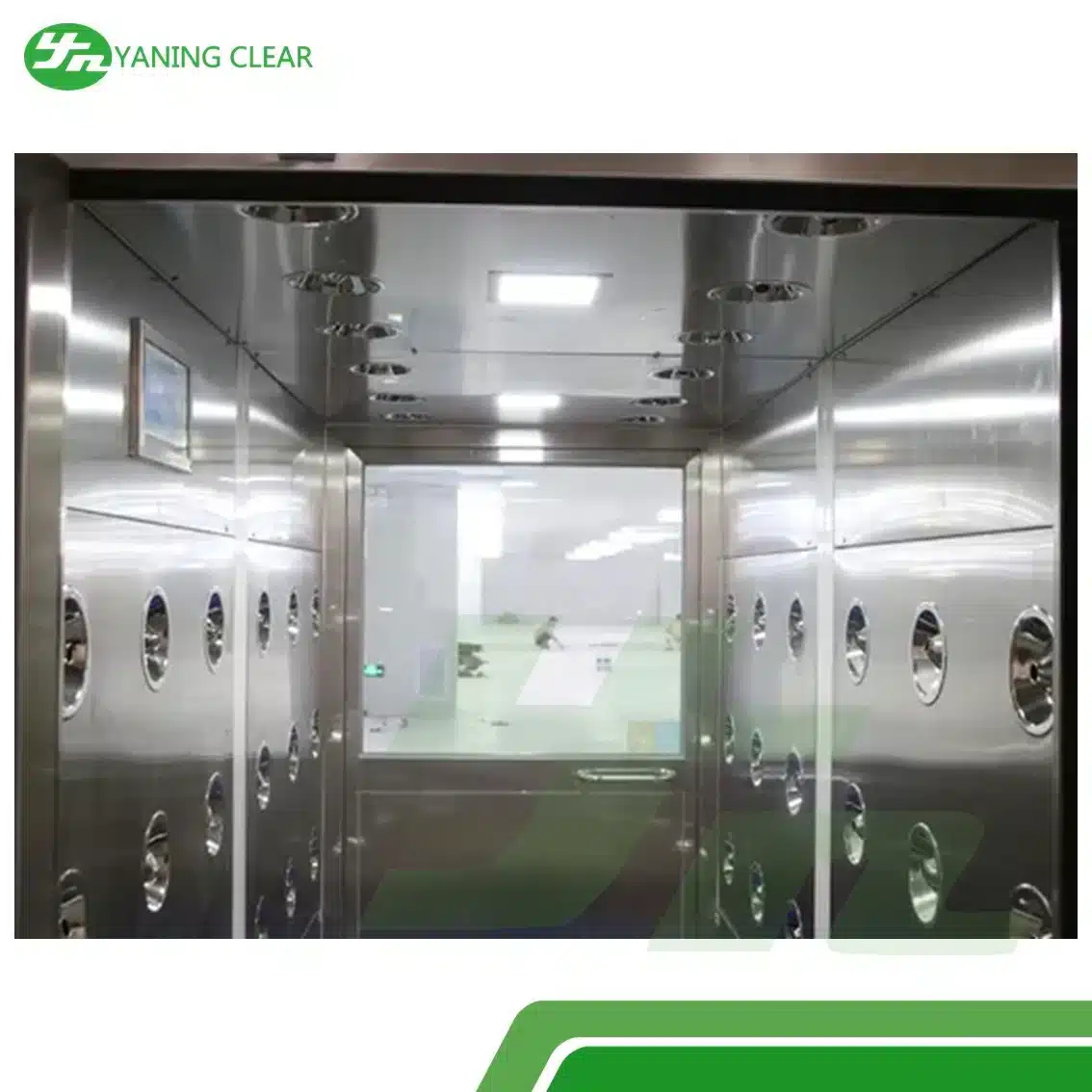 99s Adjustable 27mS Cleanroom Air Shower Tunnel Three Blowing Side SUS304 (1) Air shower tunnel stainless steel SUS304 tiupan tiga sisi kecepatan 27 m/detik siklus 99 detik untuk ruang bersih