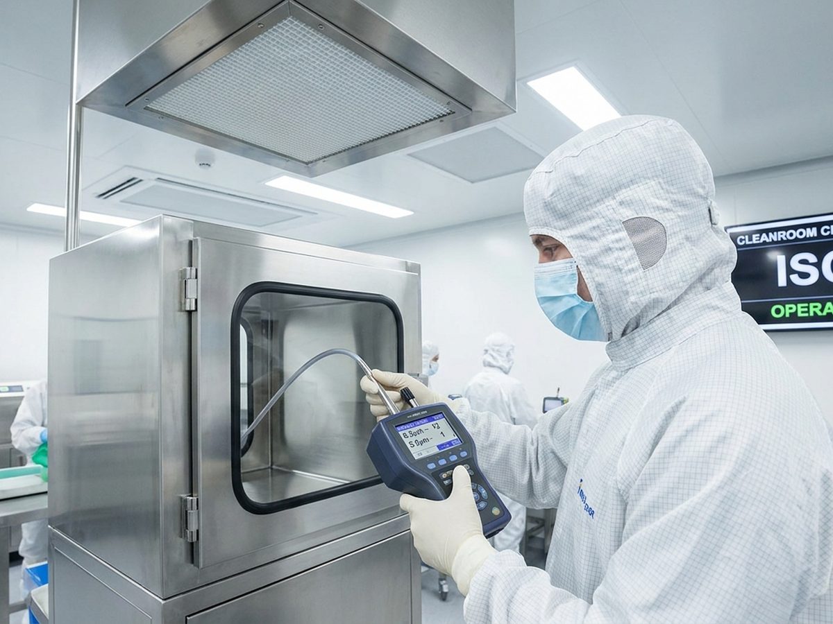Teknisi melakukan pengujian partikel pada pass box cleanroom dengan particle counter