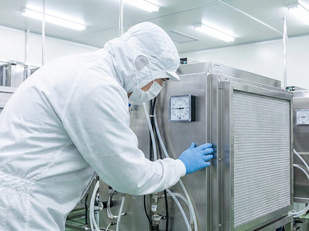 Teknisi memeriksa HEPA filter cleanroom