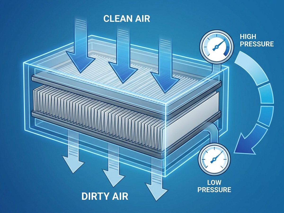 Diagram pressure drop pada HEPA filter - perbedaan tekanan upstream dan downstream