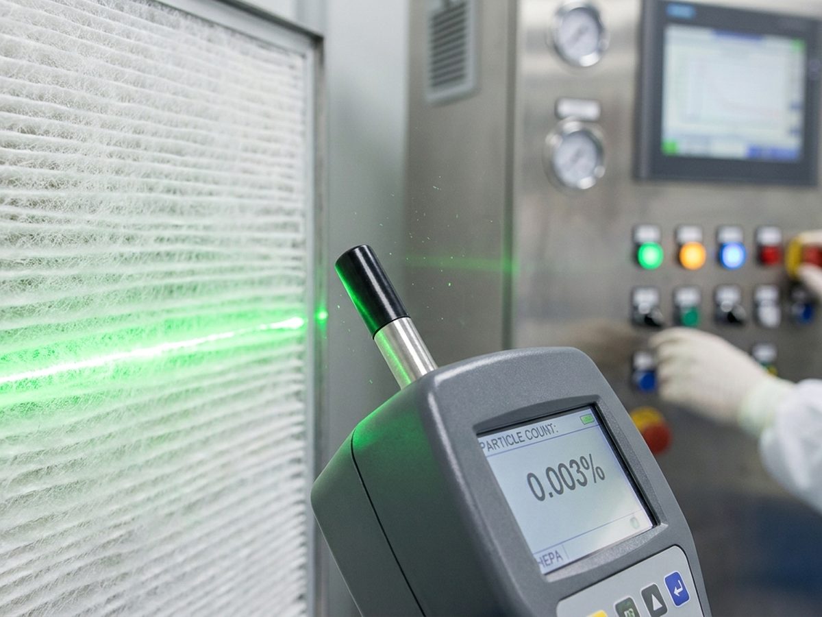 Teknisi melakukan scanning HEPA filter dengan photometer untuk DOP/PAO test di cleanroom
