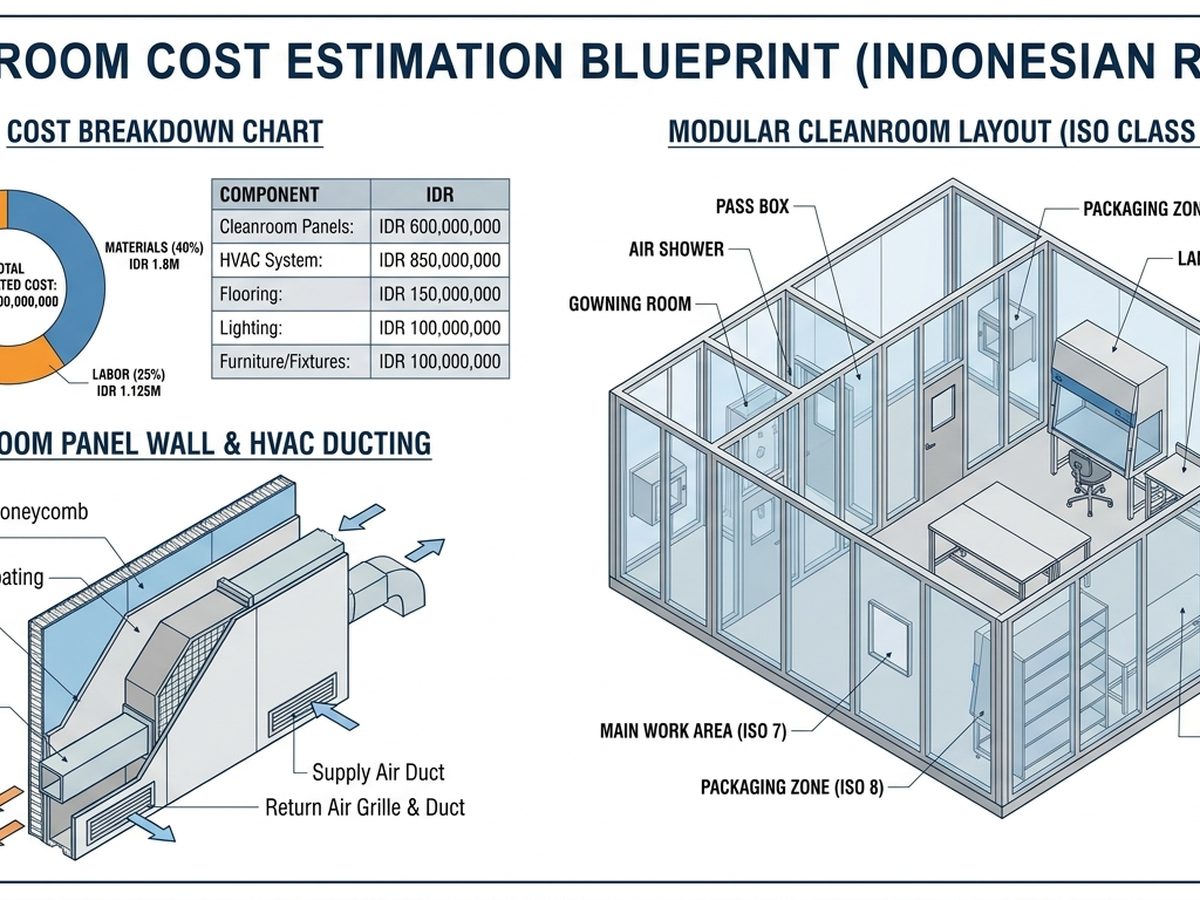 Diagram estimasi komponen biaya pembangunan cleanroom modular dengan sistem HVAC dan filtrasi