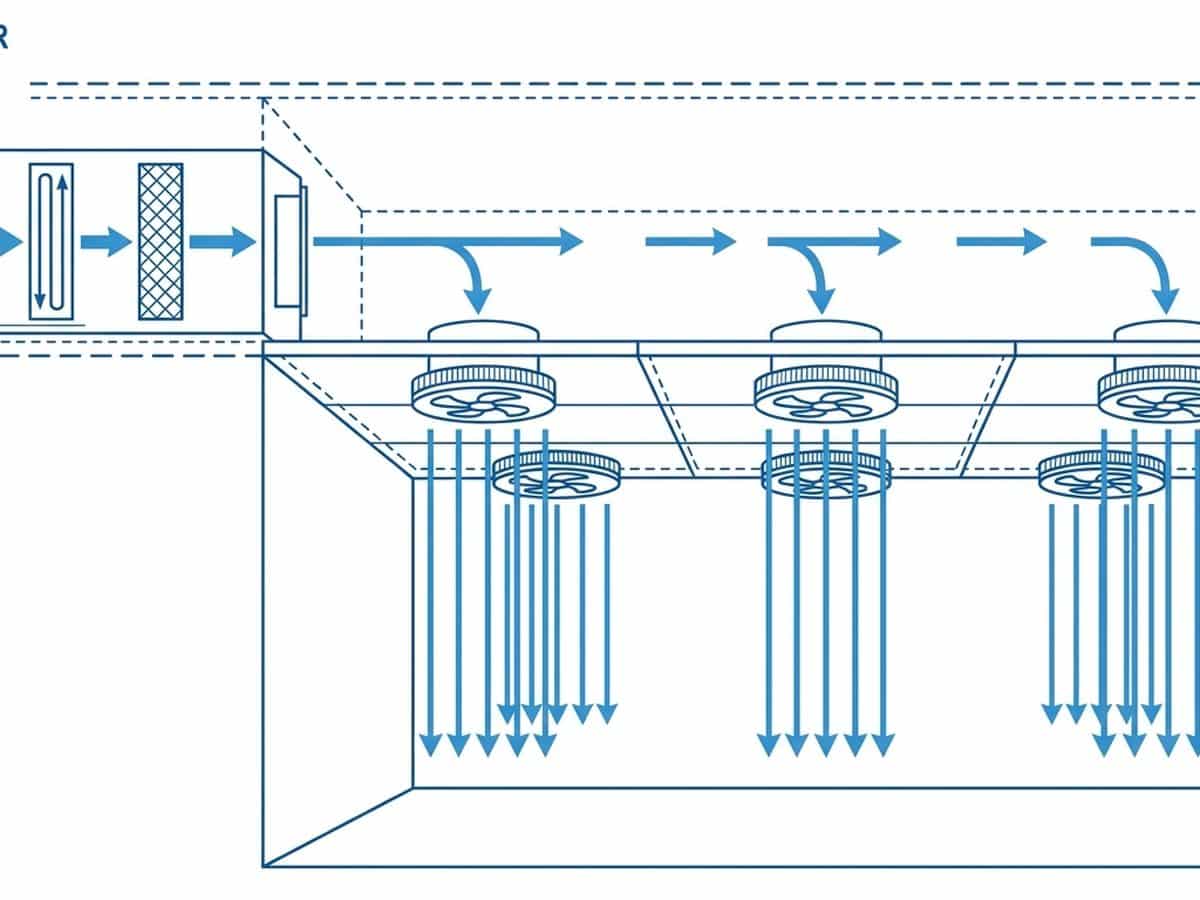 Diagram aliran udara kombinasi AHU dan FFU dalam sistem HVAC cleanroom