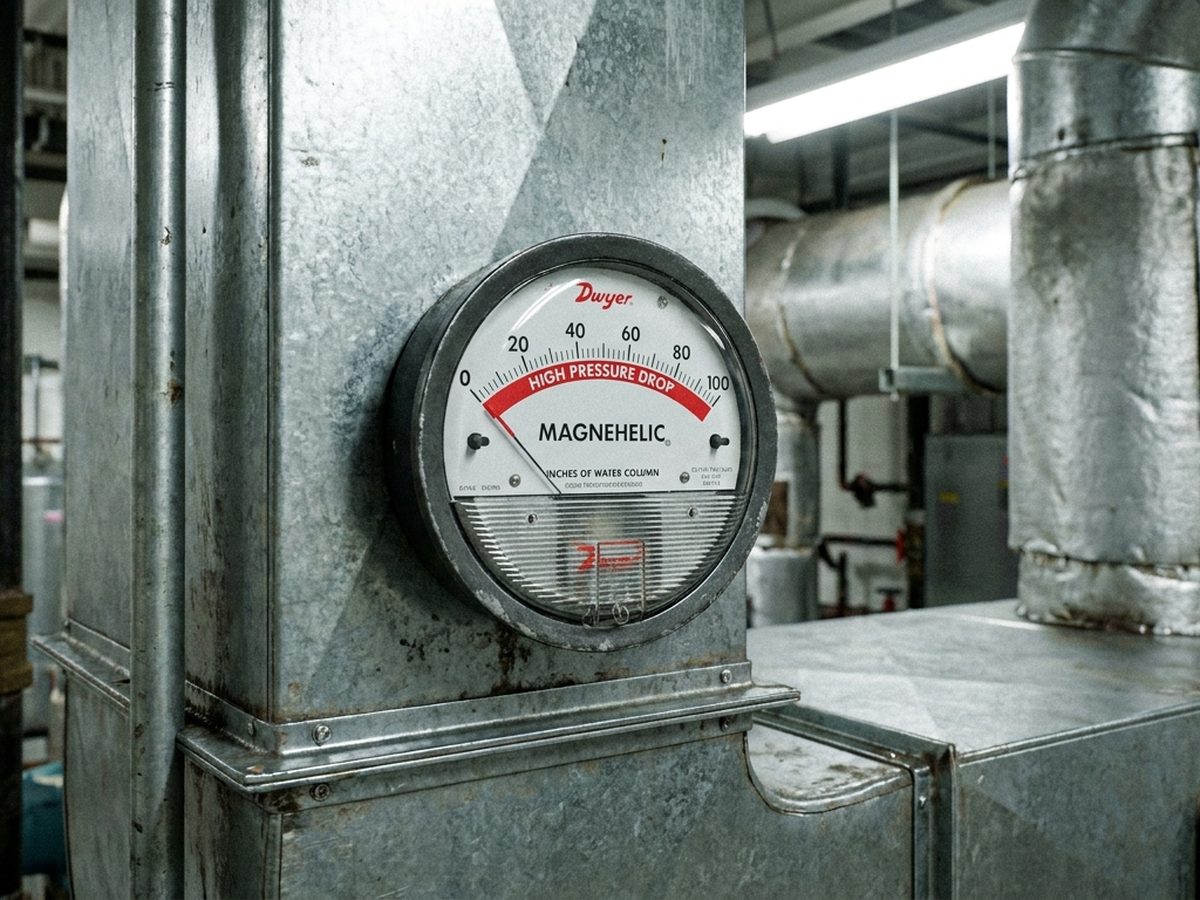 Differential pressure gauge pada housing filter HVAC menunjukkan pressure drop tinggi — indikator bag filter perlu diganti