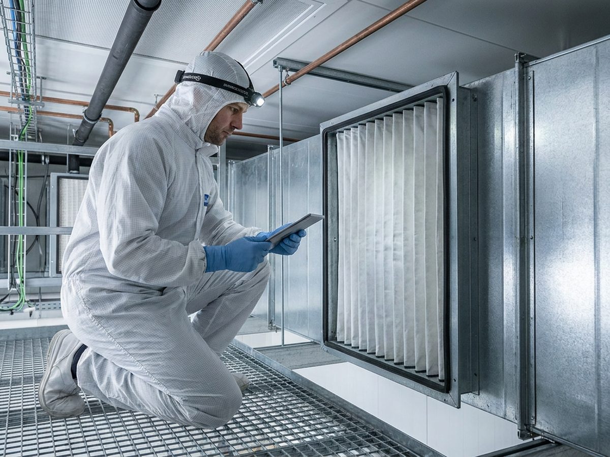 Teknisi memeriksa medium filter di ducting HVAC cleanroom