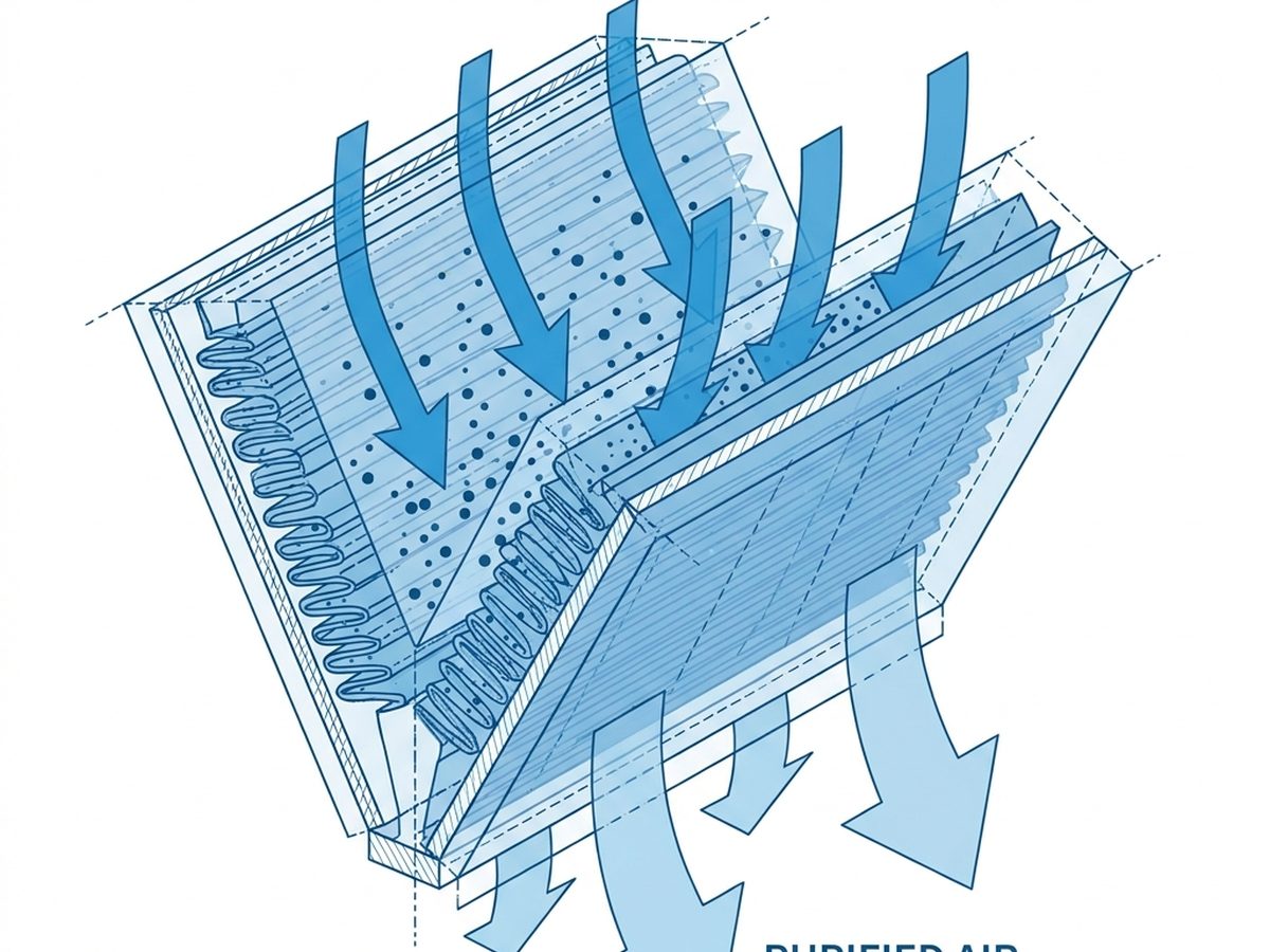 Diagram aliran udara pada V-Bank filter — ilustrasi teknis filtrasi cleanroom