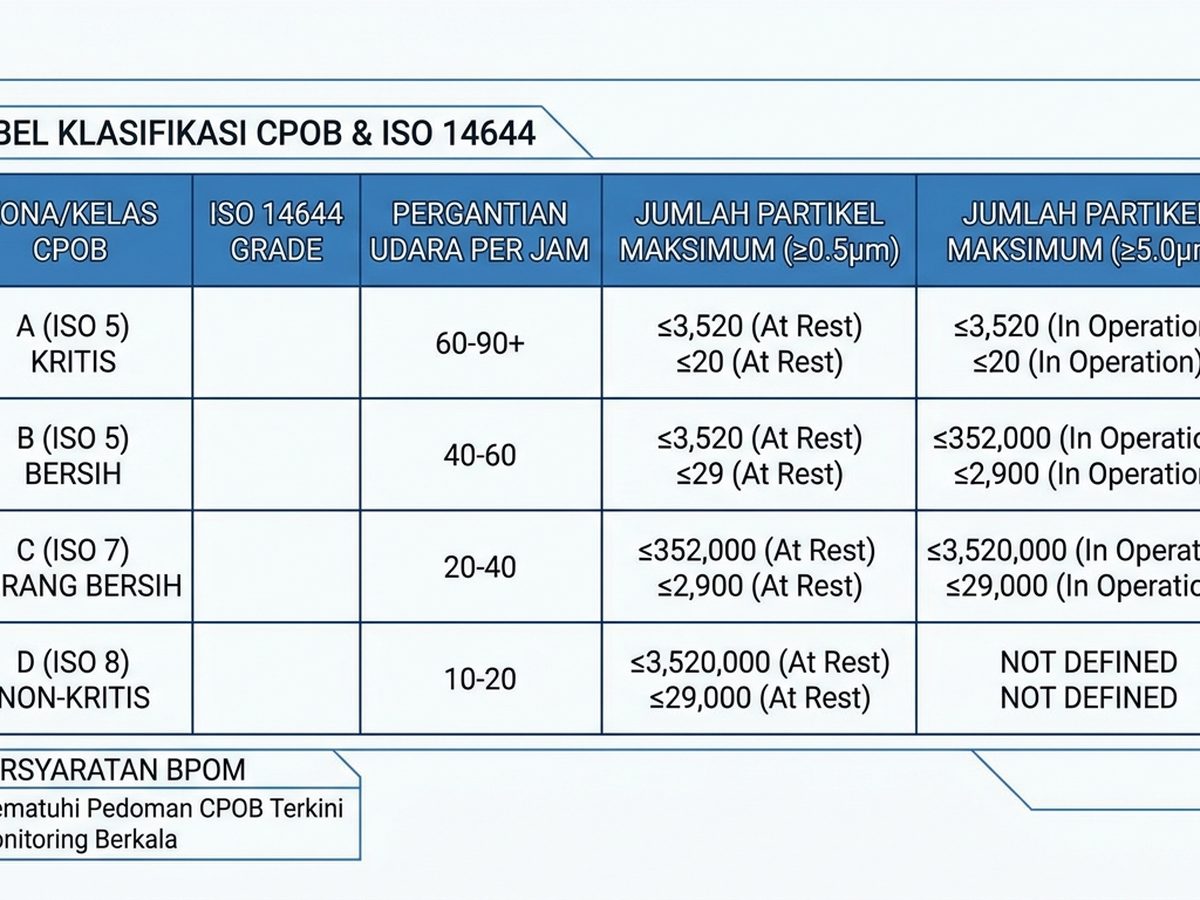 Diagram klasifikasi cleanroom farmasi sesuai standar CPOB dan ISO 14644