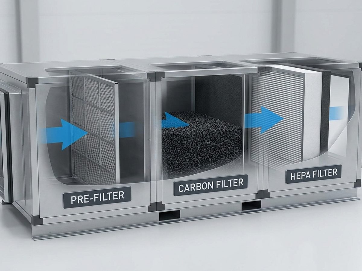 Sistem filtrasi tiga tahap air purifier industri: pre-filter, karbon, dan HEPA