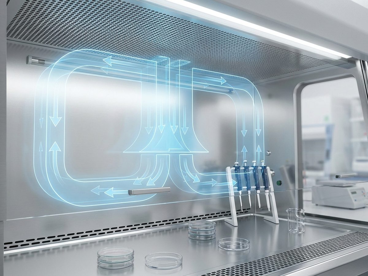 Interior Biosafety Cabinet memperlihatkan HEPA filter dan pola aliran udara
