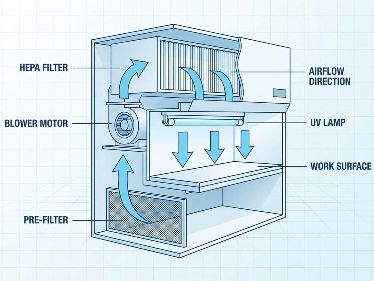 Komponen Laminar Air Flow: HEPA Filter, Blower, Pre-Filter, dan UV Lamp