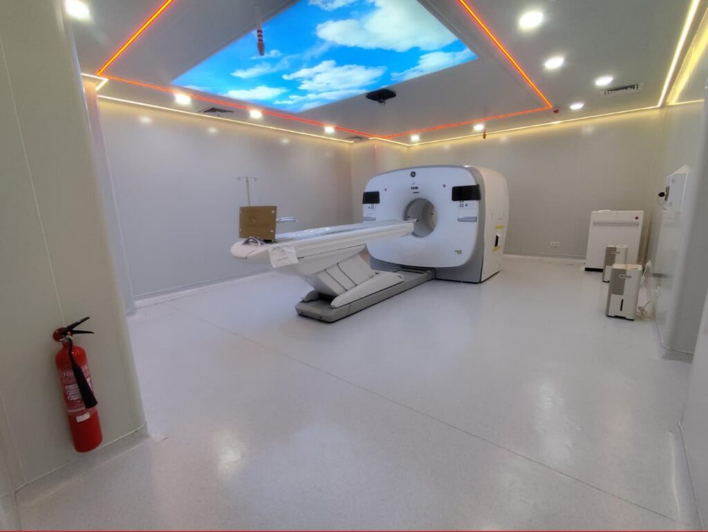 Wide view of the completed nuclear medicine scanner room faced in aluminium sandwich panel